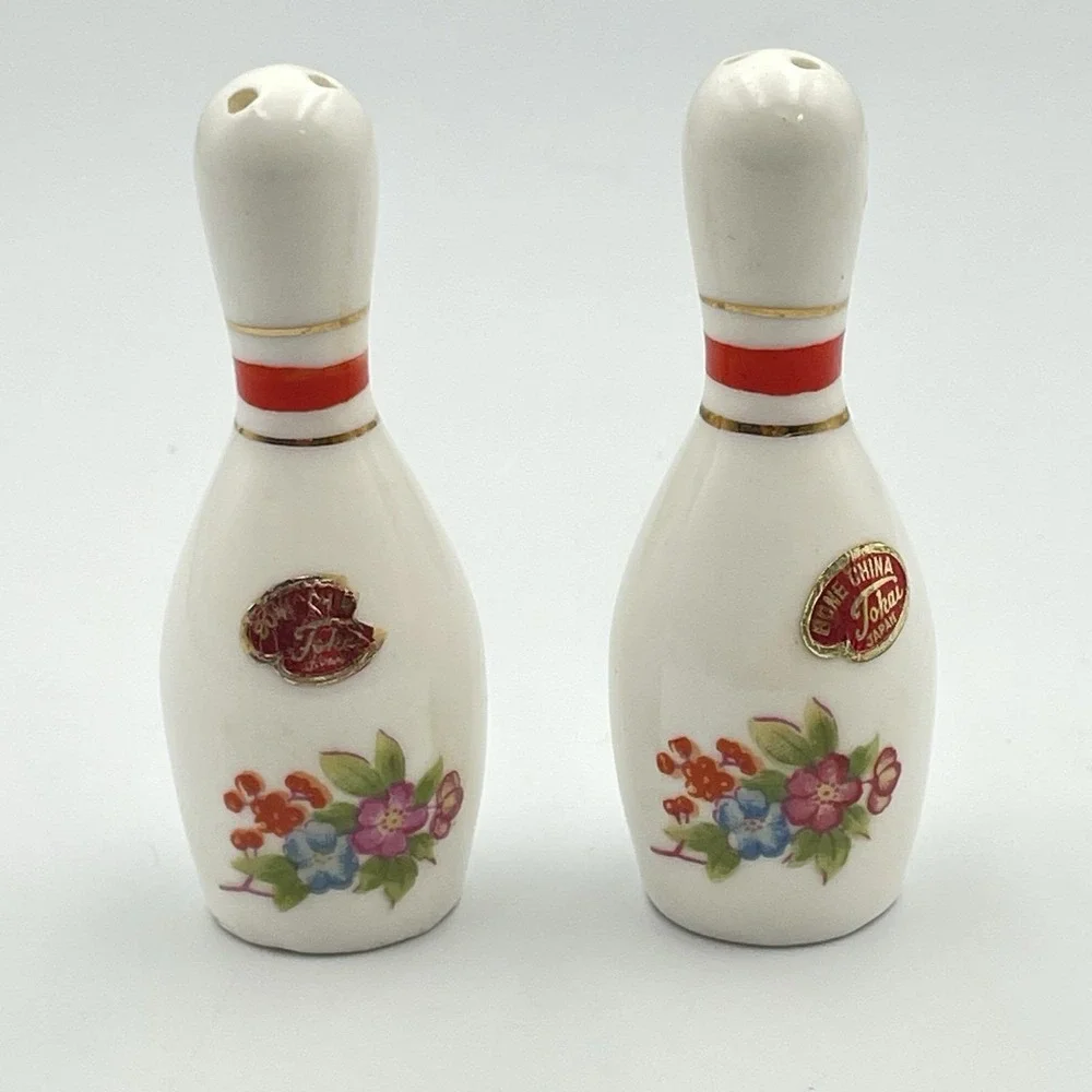 Vintage 1950s Tokai Bone China Japan Bowling Pin Salt & Pepper Shakers Floral‎